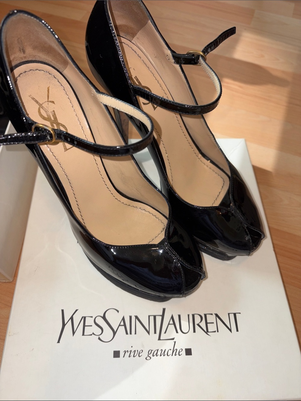 Yves Saint Laurent Black Patent Leather Mary Jane Peep-Toe Heels